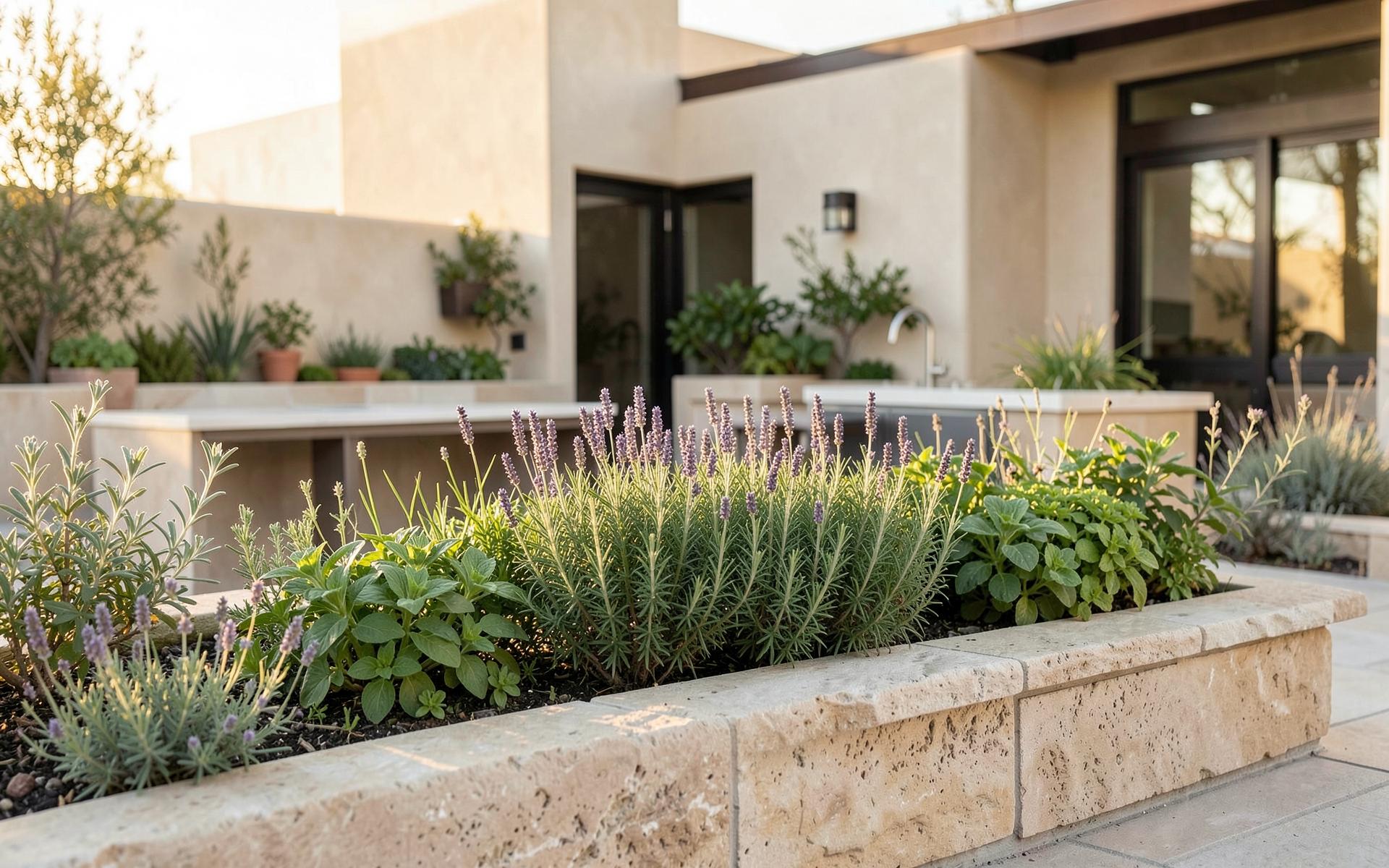 A sophisticated herb garden with lavender and rosemary